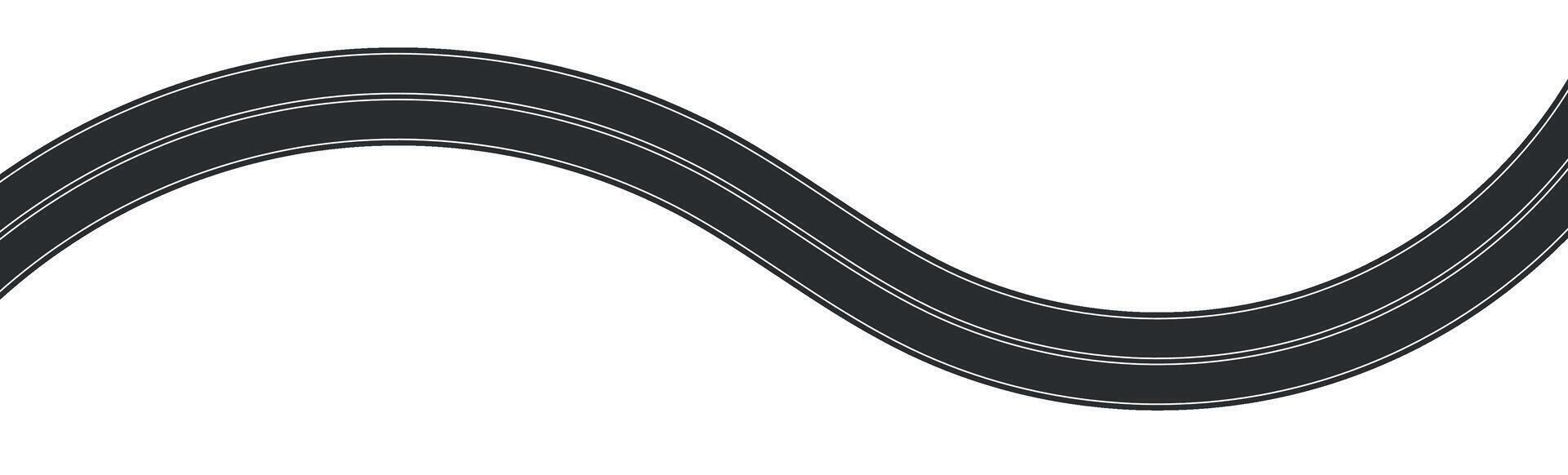 top view of winding road, curved highway path with lane markings, race track or street map element, asphalt texture in cartoon style. Flat illustration isolated on white background. vector