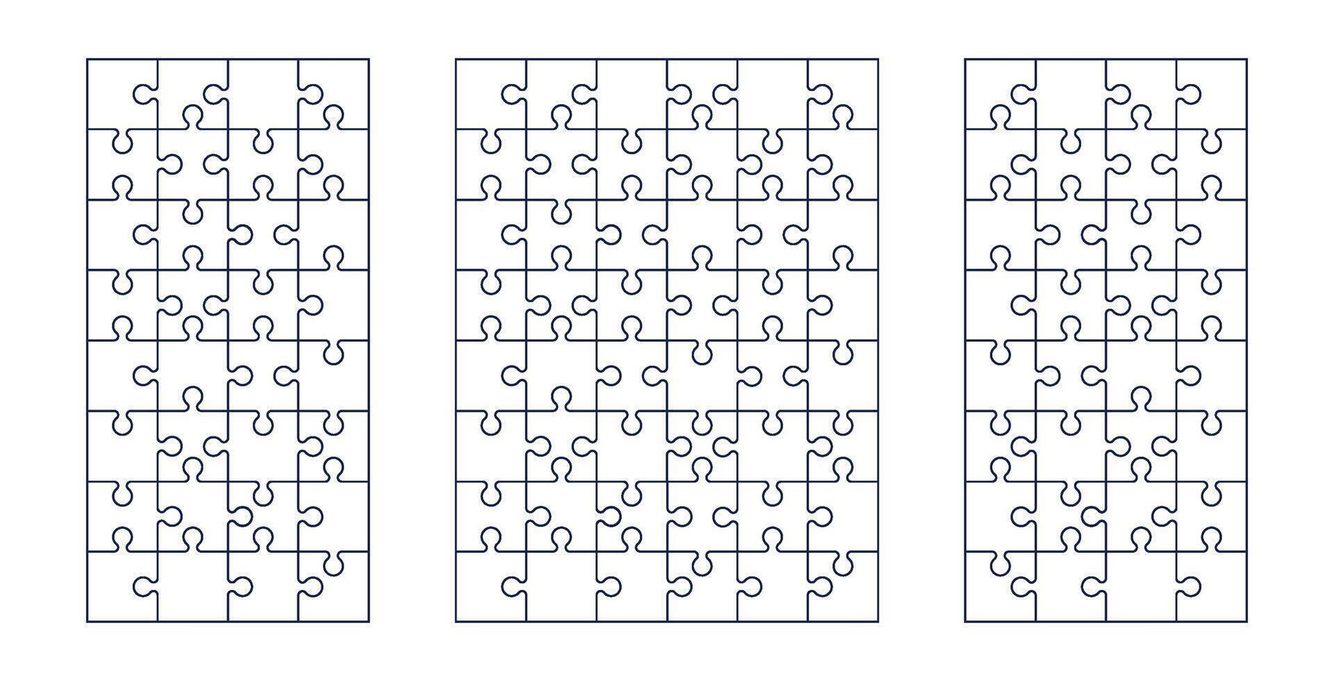 Jigsaw puzzle pieces set, round and square shapes with three-part connection, blank infographic icon for charts. Flat illustration isolated on white background. vector