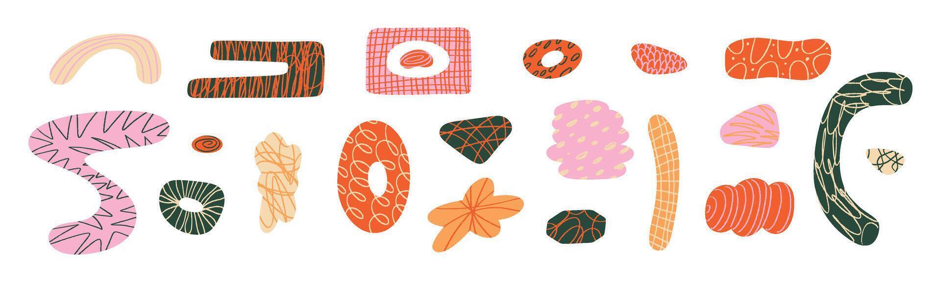 Abstract paper cutout shapes, organic geometric figures inspired, colorful summer texture, creative kid friendly design. Flat illustration isolated on white background. vector