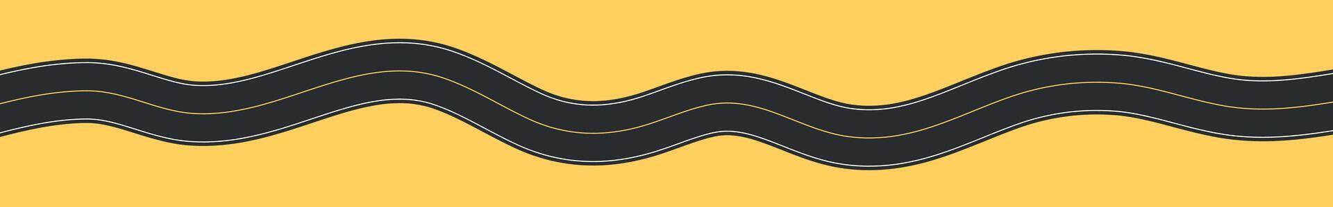 Winding road top view, curved highway path with lane markings, long trip route map, wavy street track design. Flat illustration isolated vector