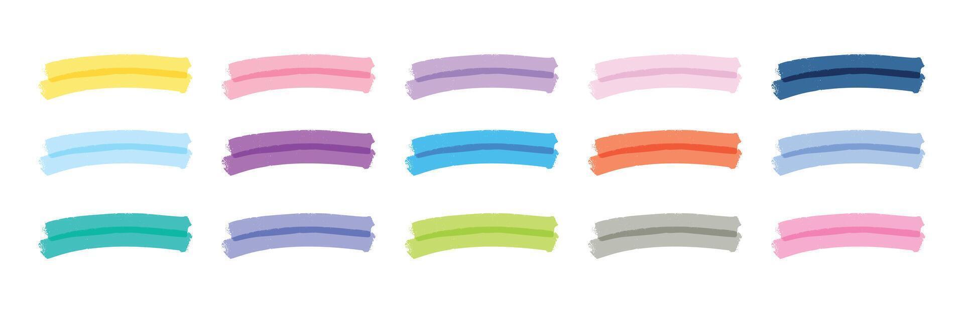 Colorful marker highlight strokes, scribble underlines, cute hand drawn pen lines, green and pink pencil marks, childish doodle elements. Flat illustration isolated on white background. vector