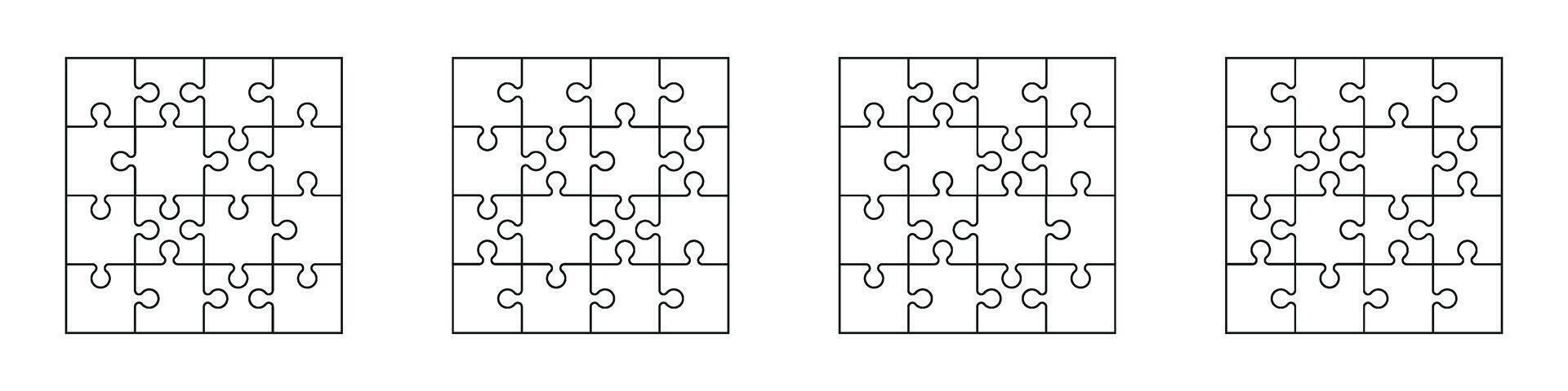 Jigsaw puzzle template with missing pieces, geometric grid pattern, seamless square and rectangle outline design, blank game frame. Flat illustration isolated on white background. vector