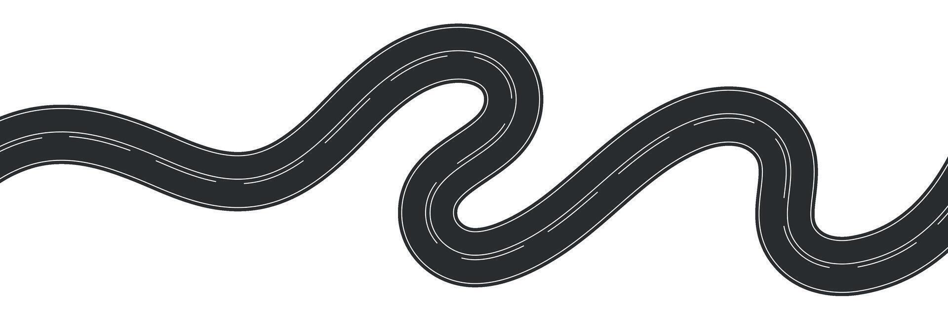 Aerial view of winding road, curved highway path with lane markings, race track or street map element, asphalt texture in cartoon style. Flat illustration isolated on white background. vector