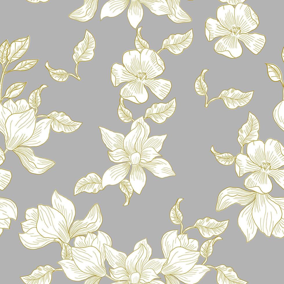 Hand Drawn Elegant Magnolia Flower Seamless Pattern vector