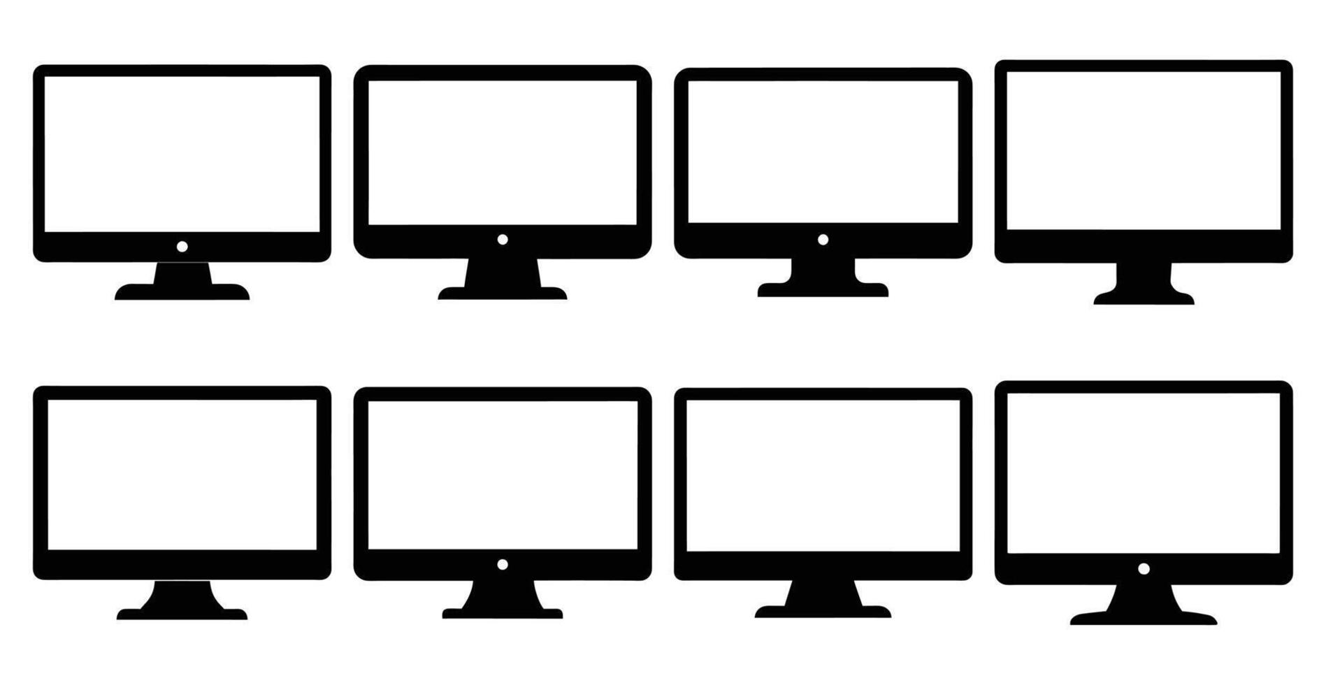 Collection of eight black computer monitor icons on white background computer screen display digital technology device pc desktop monitor image illustration vector