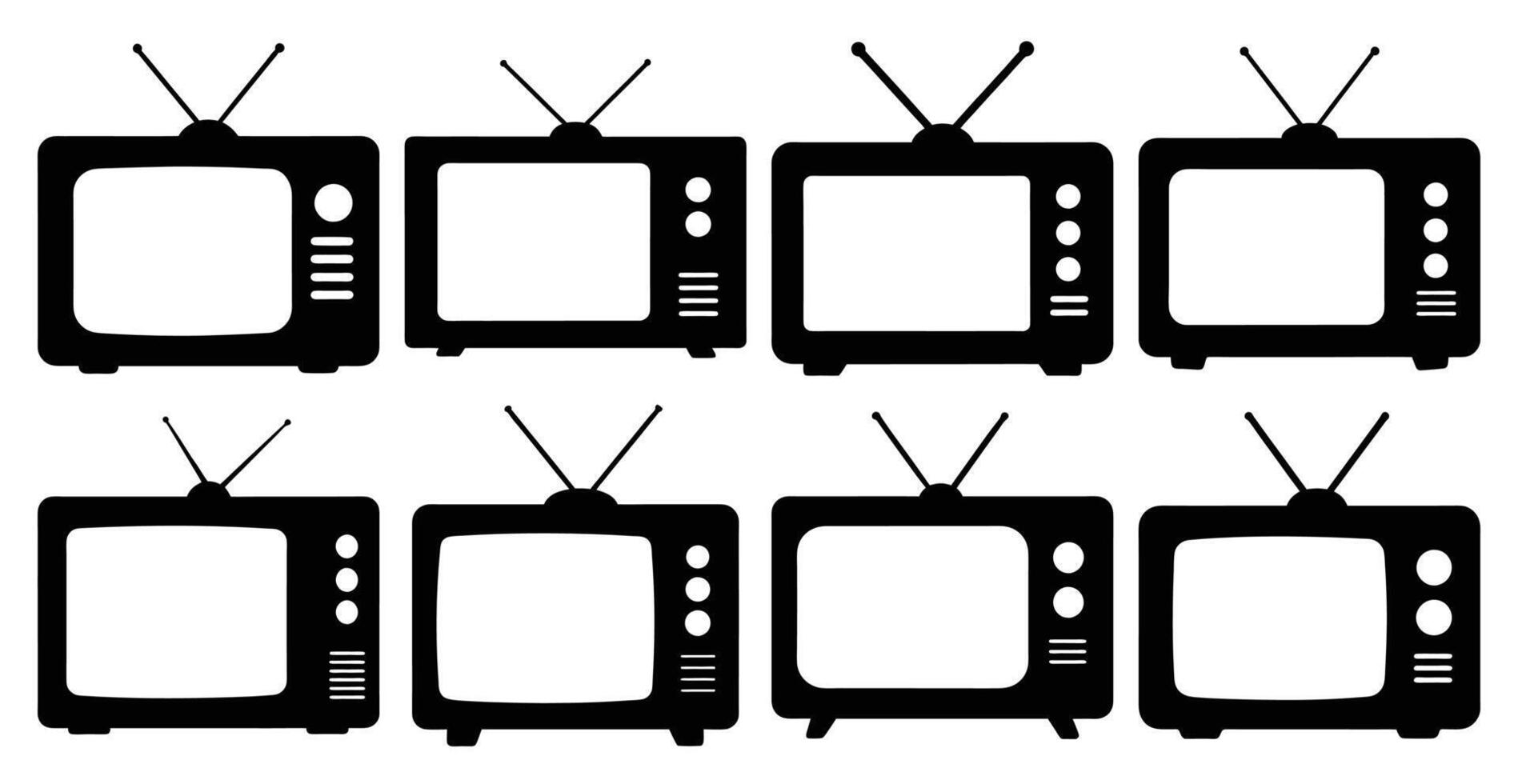 Collection of eight vintage television sets with antennas displayed in rows vector