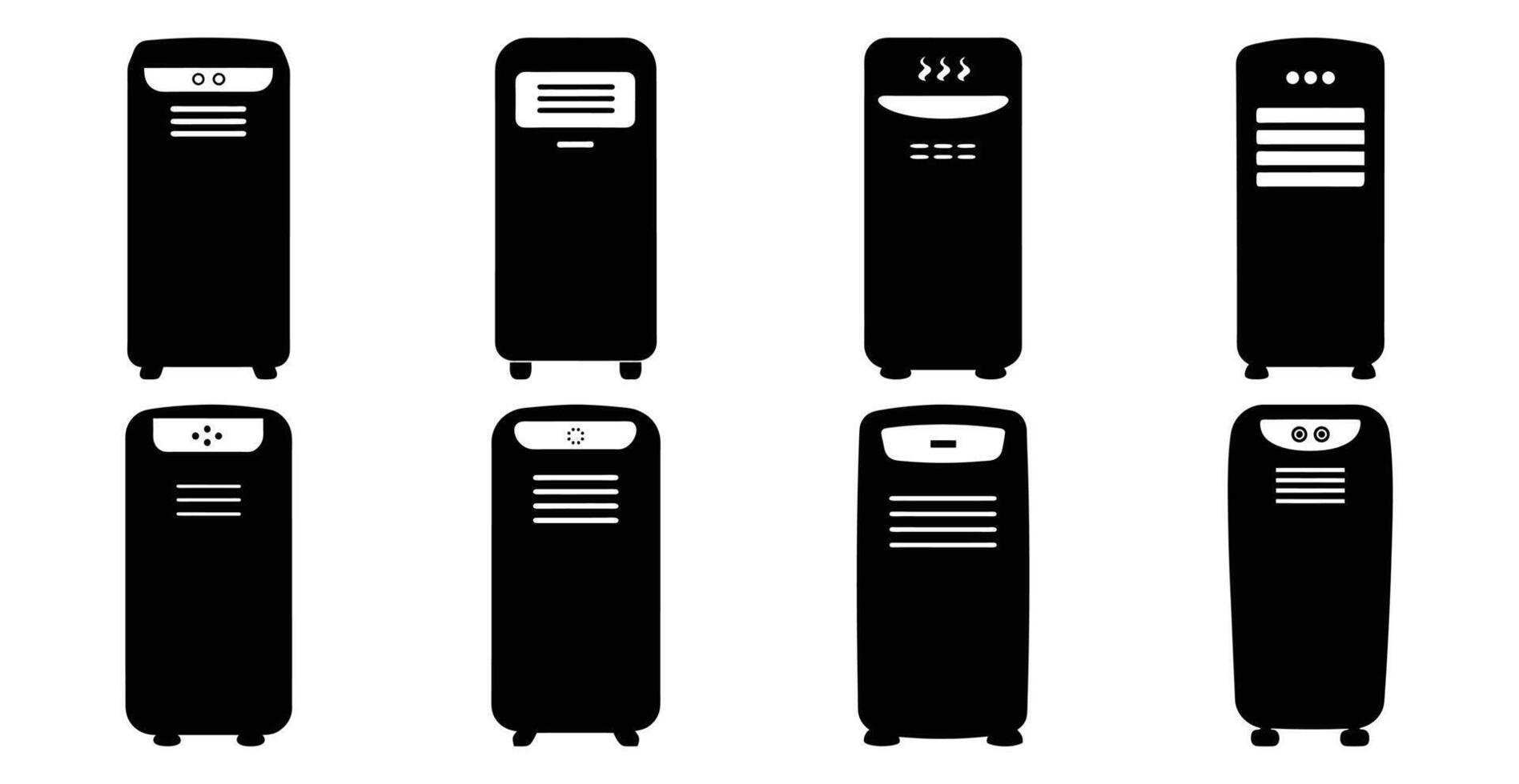 Collection of Eight Different Portable Air Conditioner Unit Icons in Black Silhouettes vector