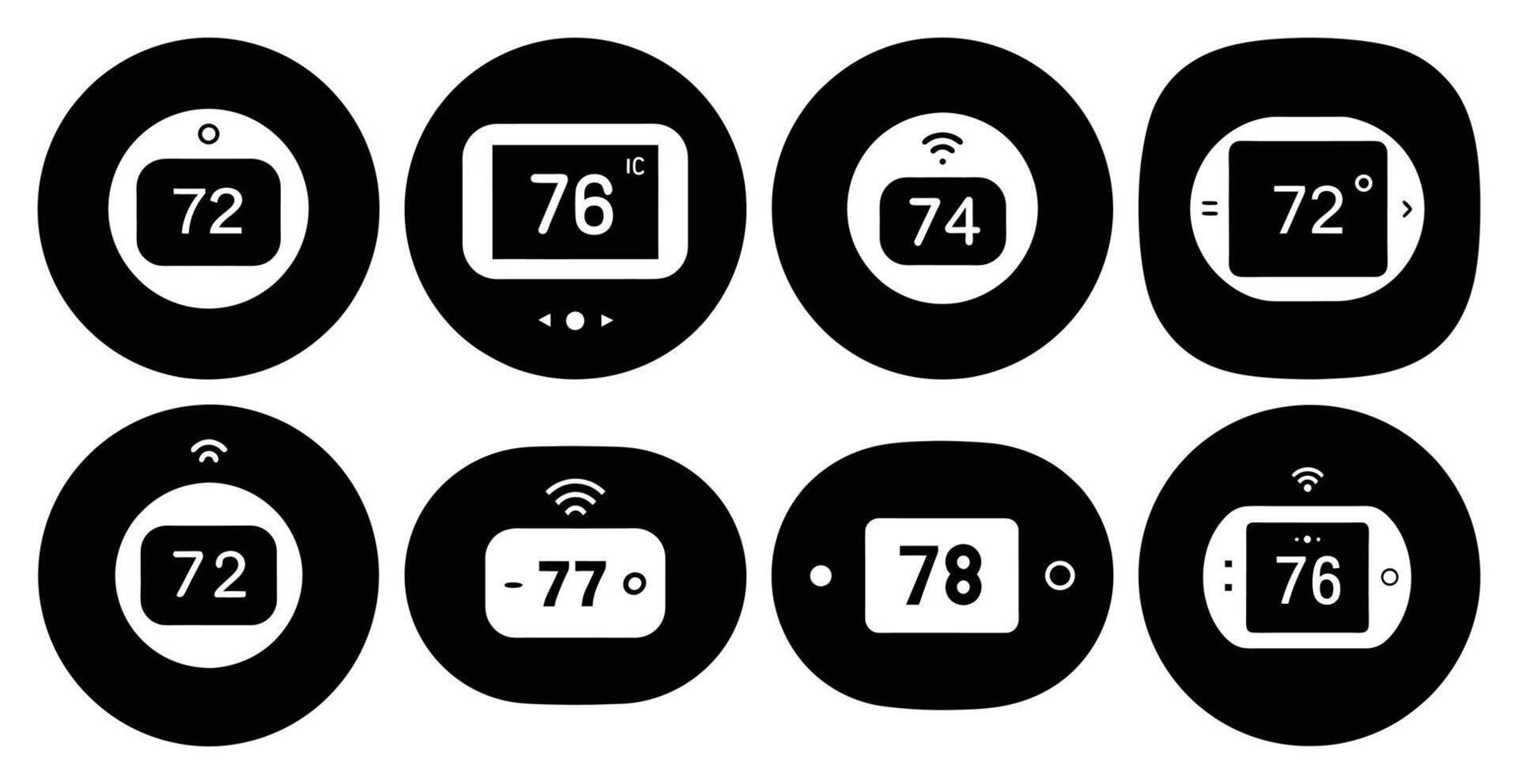 Collection of Various Smart Thermostat Icons Displaying Different Temperatures and Features vector