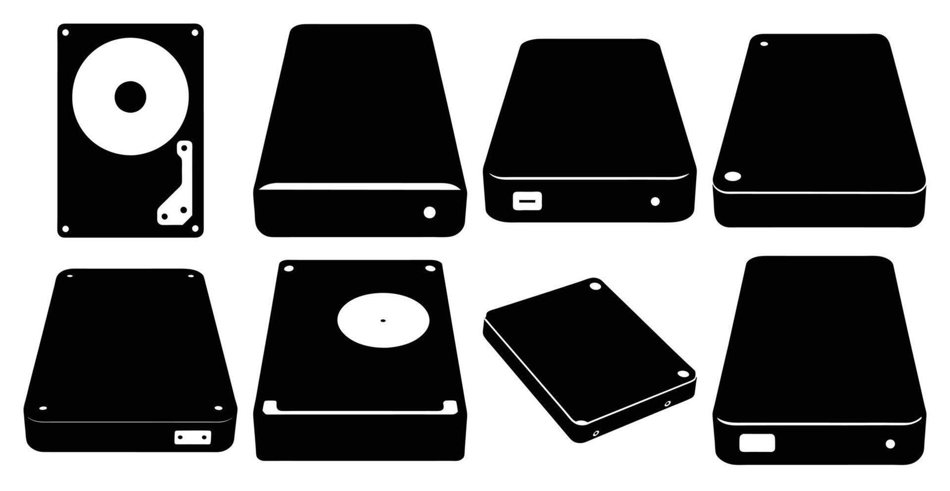 Collection of Various Hard Disk Drive and Solid State Drive Icons in Black and White vector