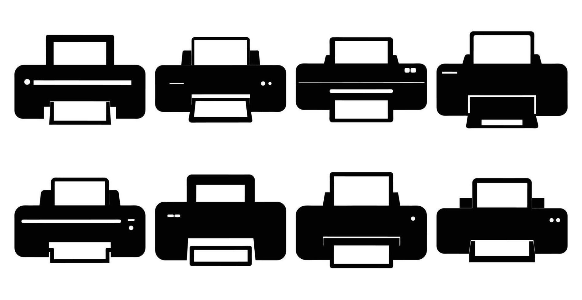 Collection of Eight Black Printer Icons on White Background Different Styles and Designs vector