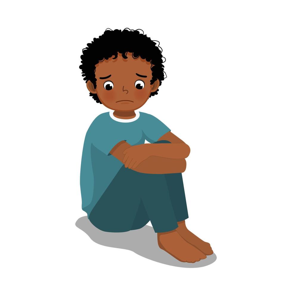 Sad lonely little African boy sitting with hands holding his knee vector