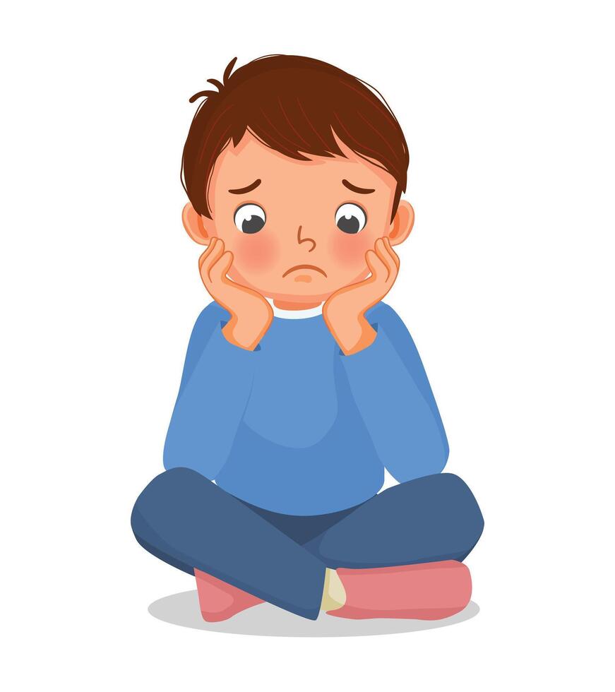 Sad little boy sitting on the floor with his chin resting on his hands vector