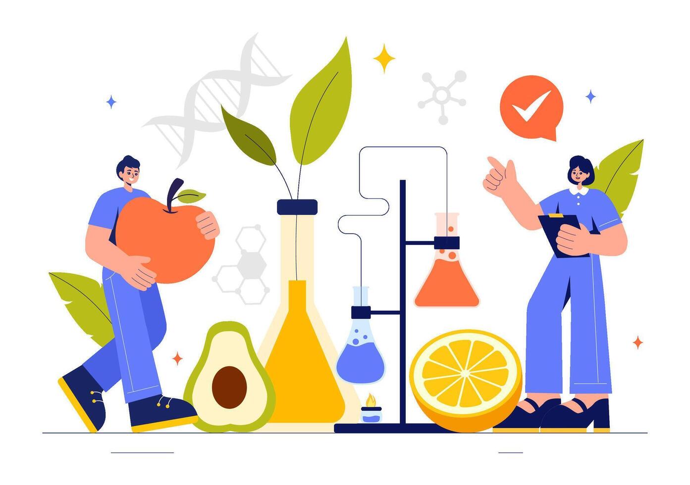 Illustration of Food Technology with Scientists Analyzing Chemical Composition vector