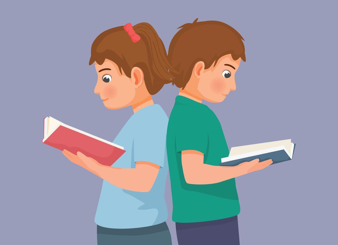 Cute little kids boy and girl reading books standing leaning to each other vector