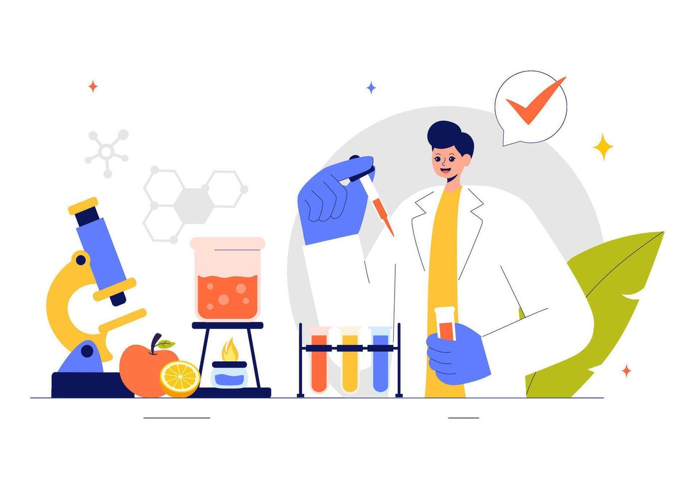 Food Science and Biotechnology Illustration with Chemists Testing Food Safety vector