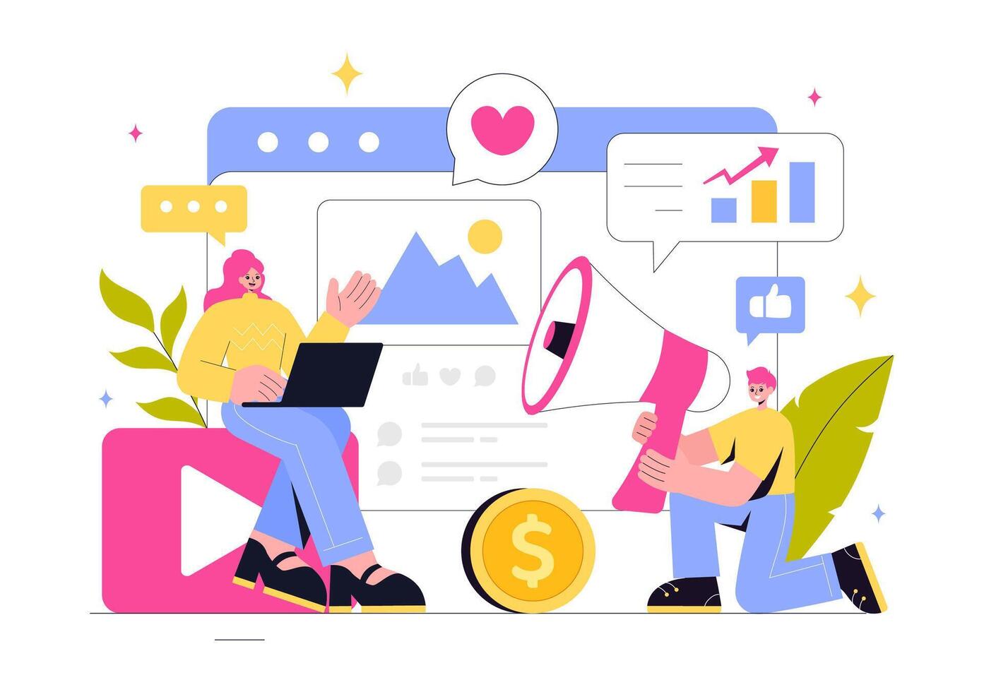 Flat Cartoon Illustration of Digital Business Growth and Online Advertising vector