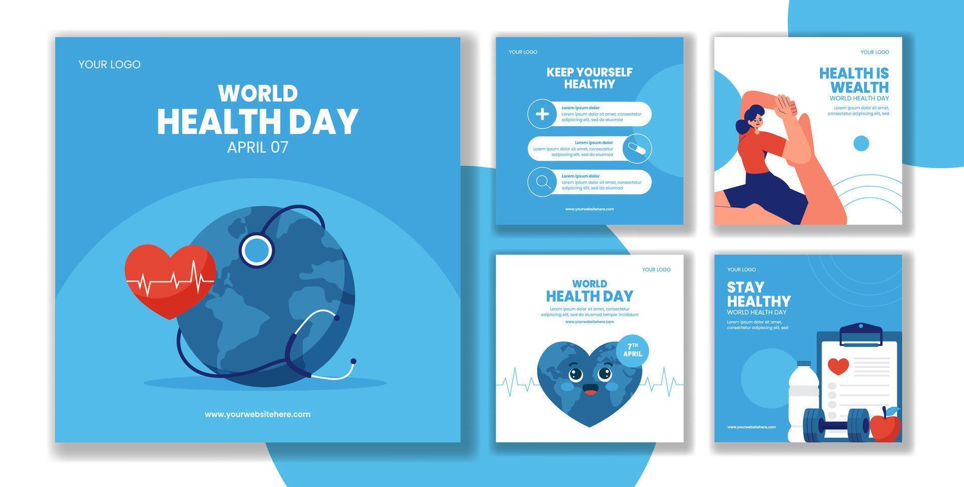 World Health Day Digital Social Media Post Template in Flat Cartoon Style vector