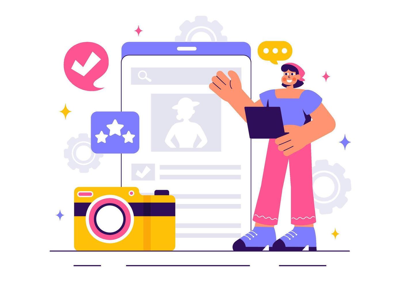 Model Portfolio Illustration with Photographer and Agency Manager in a Flat Cartoon Background vector