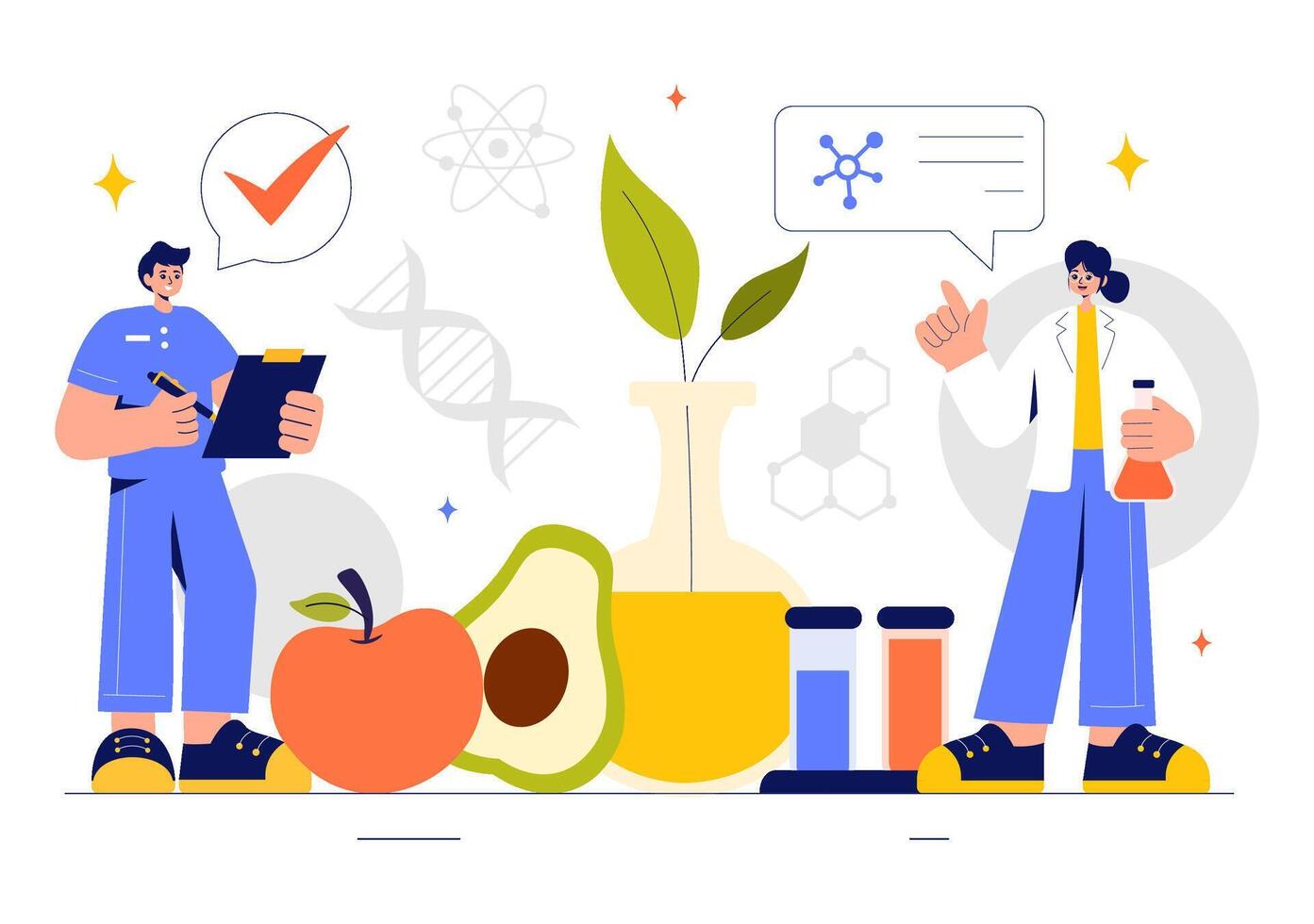 Food Chemistry and Quality Control Illustration Featuring Scientists in a Laboratory vector