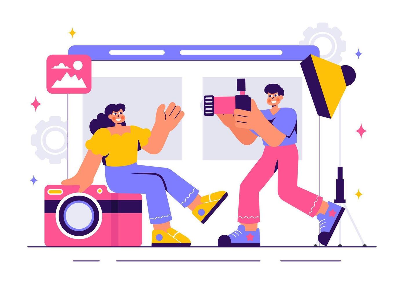 Professional Model Photography Session with Agency Manager in a Flat Cartoon Design vector