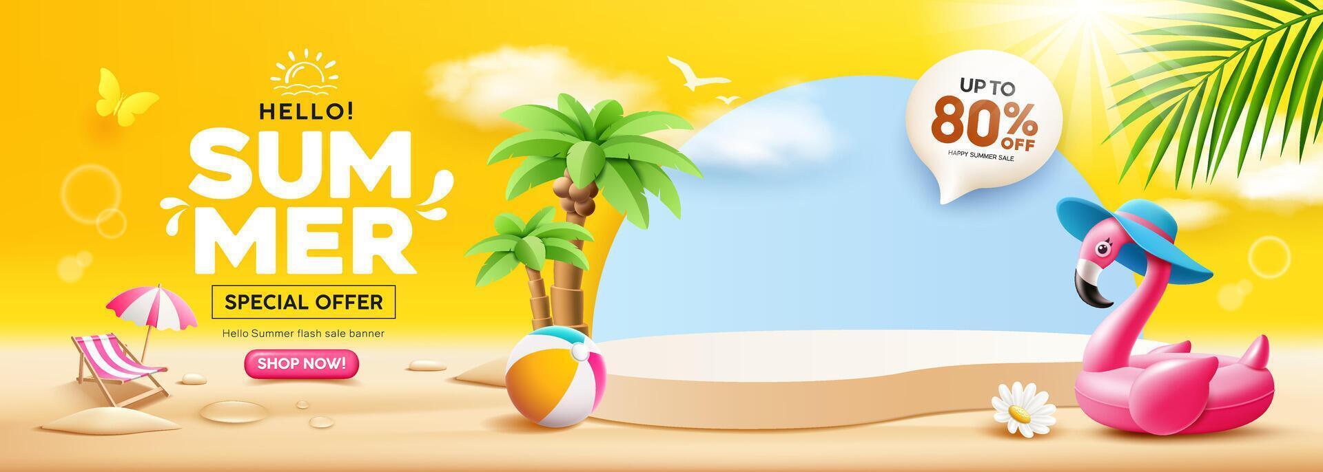 Summer sale podium, Pink flamingo inflatable swimming pool, coconut trees, beach umbrella, banner design, cloud and sky on yellow background vector