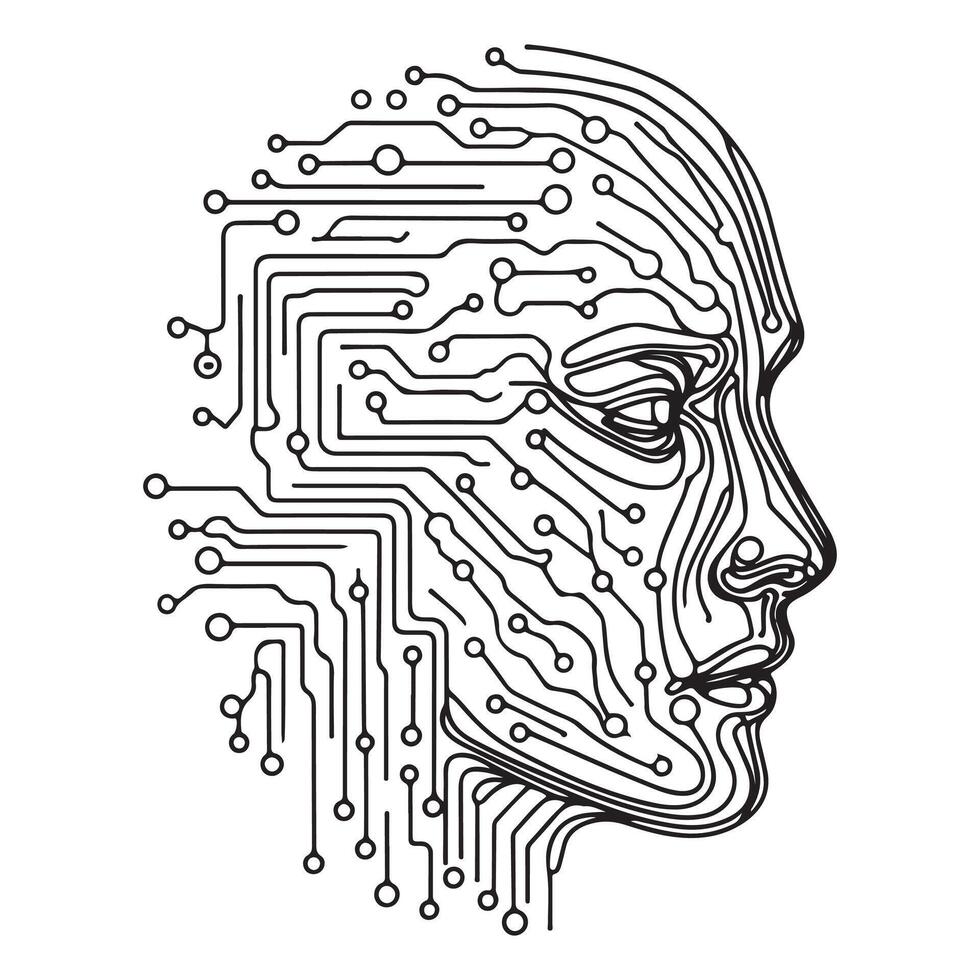 Cybernetic huCybernetic human AI face with digital circuit man face with a digital circuit vector