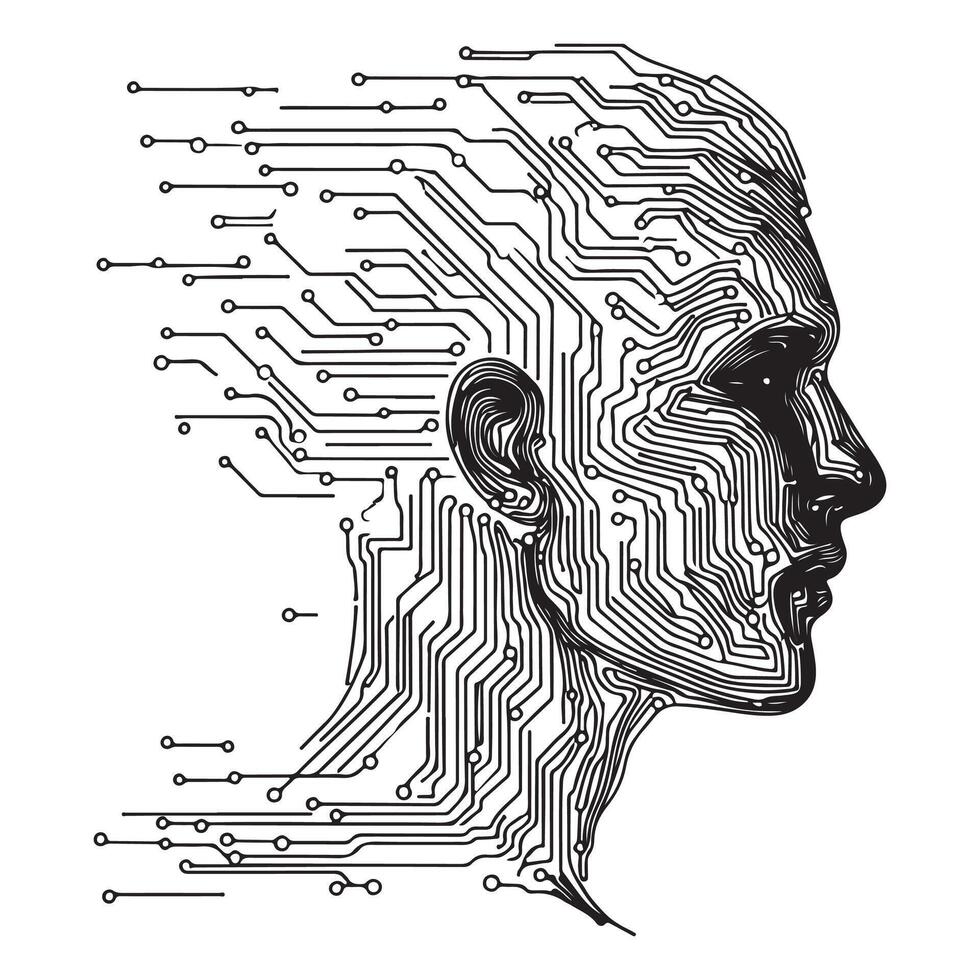 Cybernetic human face with digital circuit vector