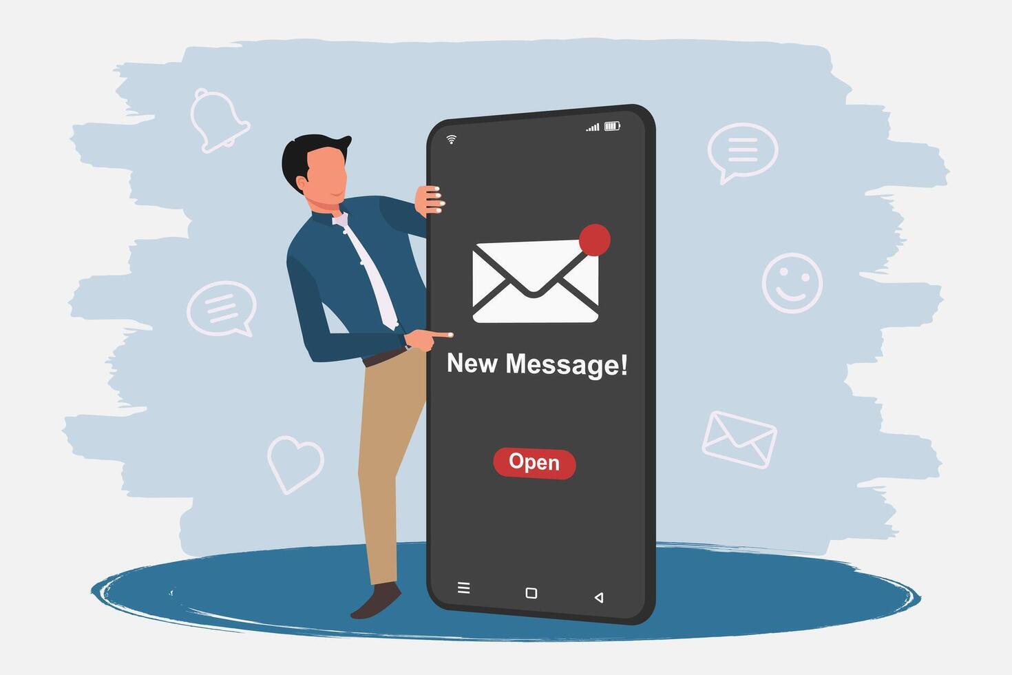 Businessman pointing to a smartphone screen that has a new message notification. vector