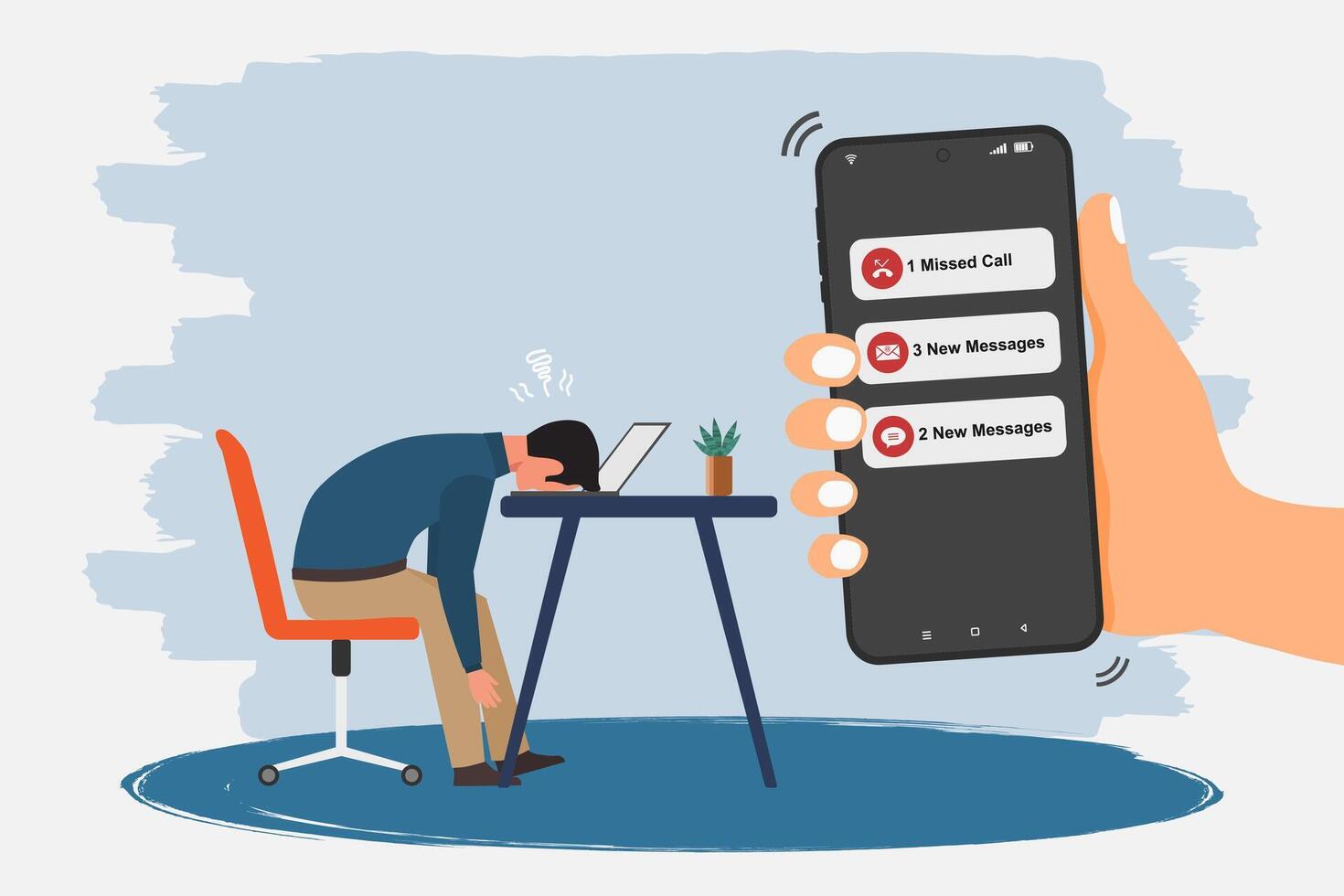 Hand holding a smartphone with missed call and new message notification on screen. A worker who fell asleep at his desk. Burnout or frustrated worker concept vector