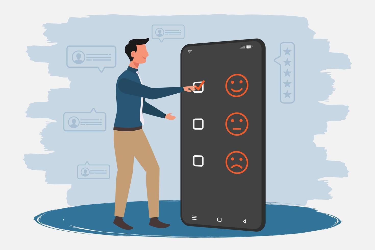 Man gives rating to service experience on a mobile phone. Customer review satisfaction feedback concept. vector