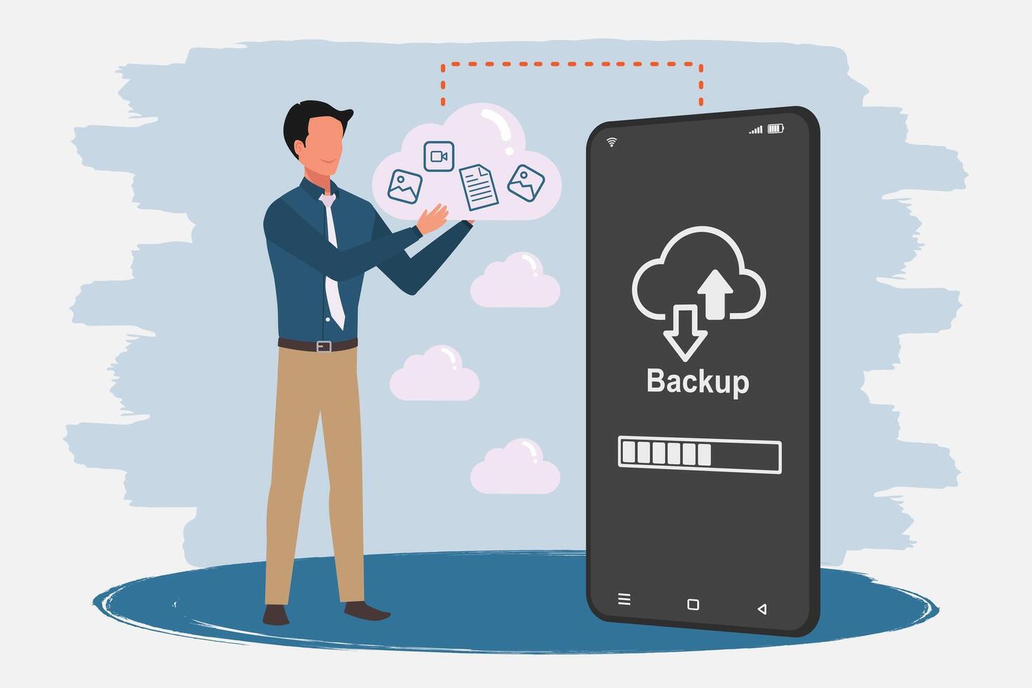 Man holding a cloud storage to back up data on his smartphone. Phone data backup and cloud data storage concept. illustration. vector