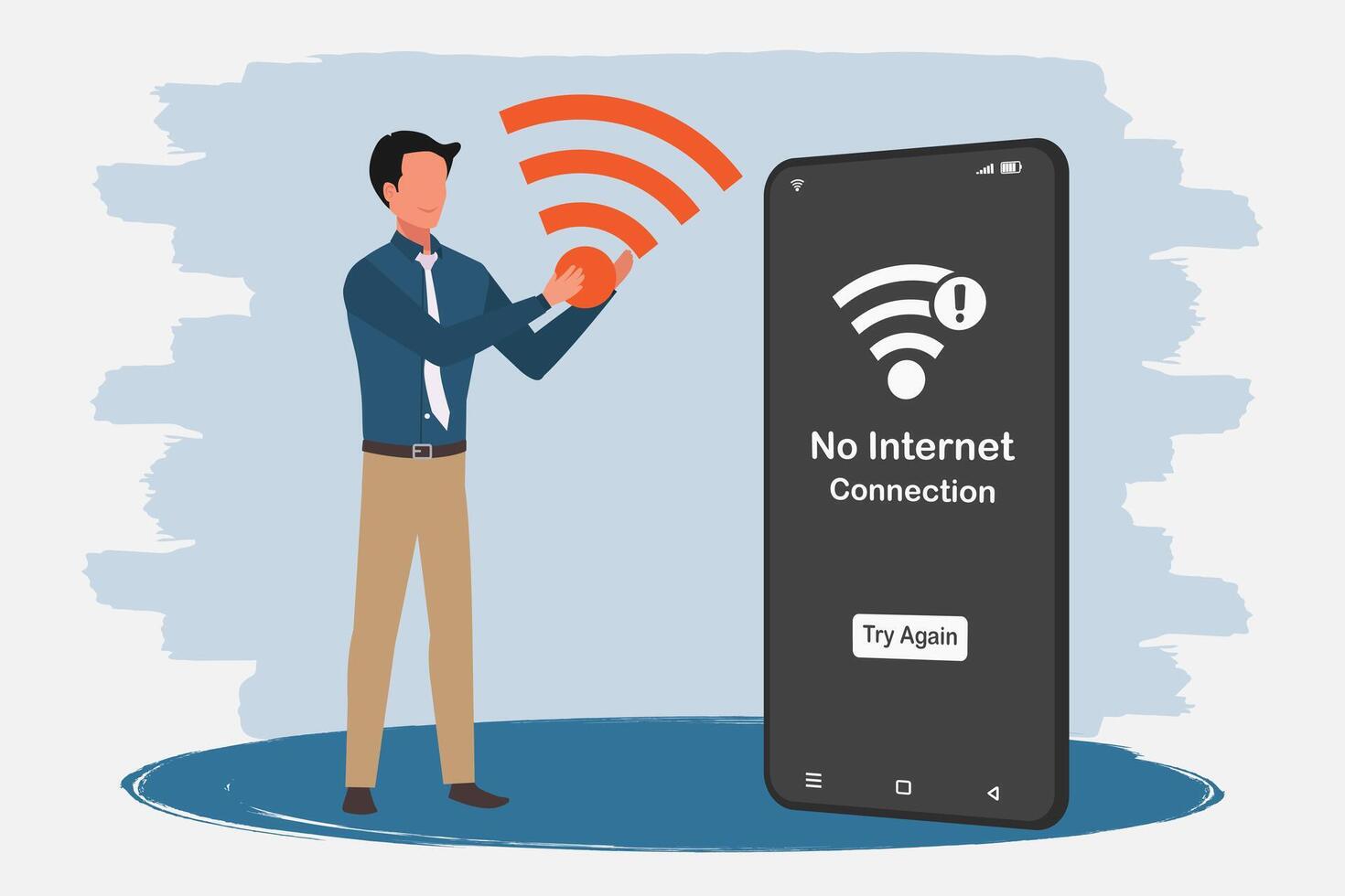 A smartphone with no internet connection on screen. Man holding a wifi symbol. No internet access or bad connection concept vector