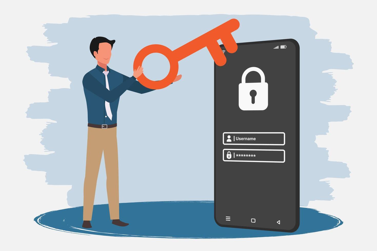 Man holding a key to login or access mobile phone using username and password. Online data privacy protection concept vector