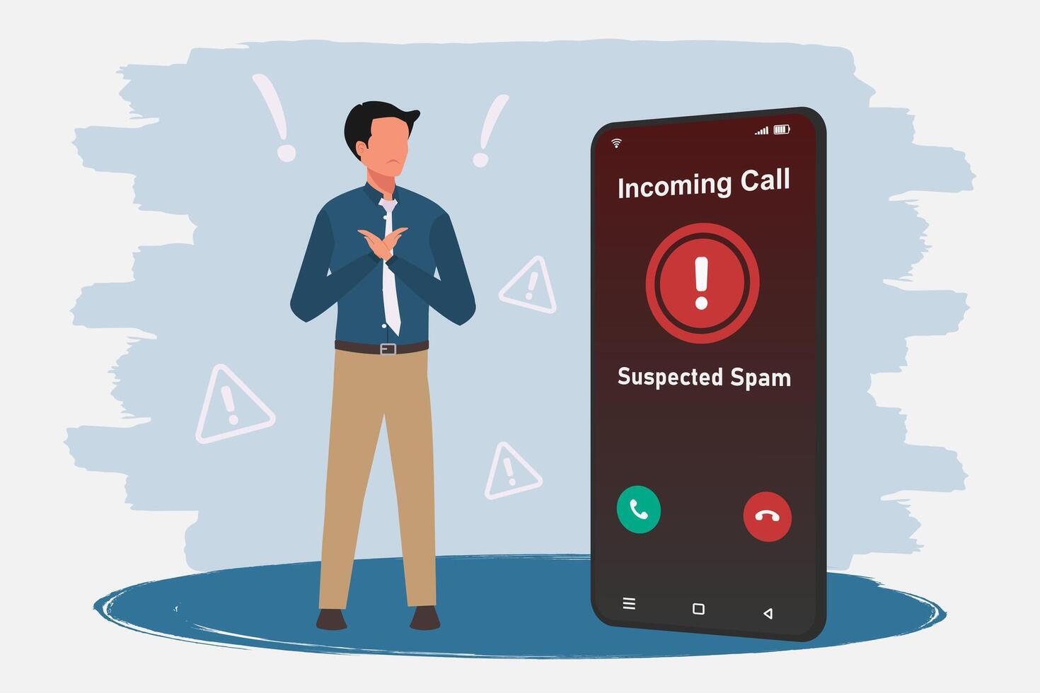 Man crossing his arms as a sign of refusal or prohibition for unknown phone call or spammer. vector