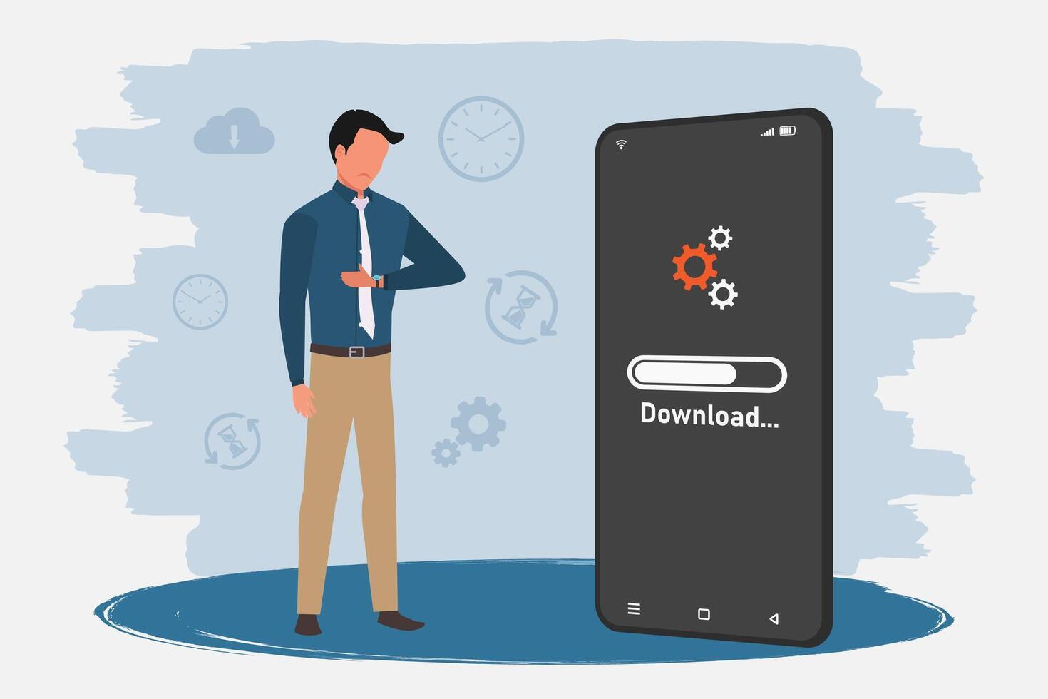 Businessman waiting for the download process on his smartphone. Estimated time to download a file. vector