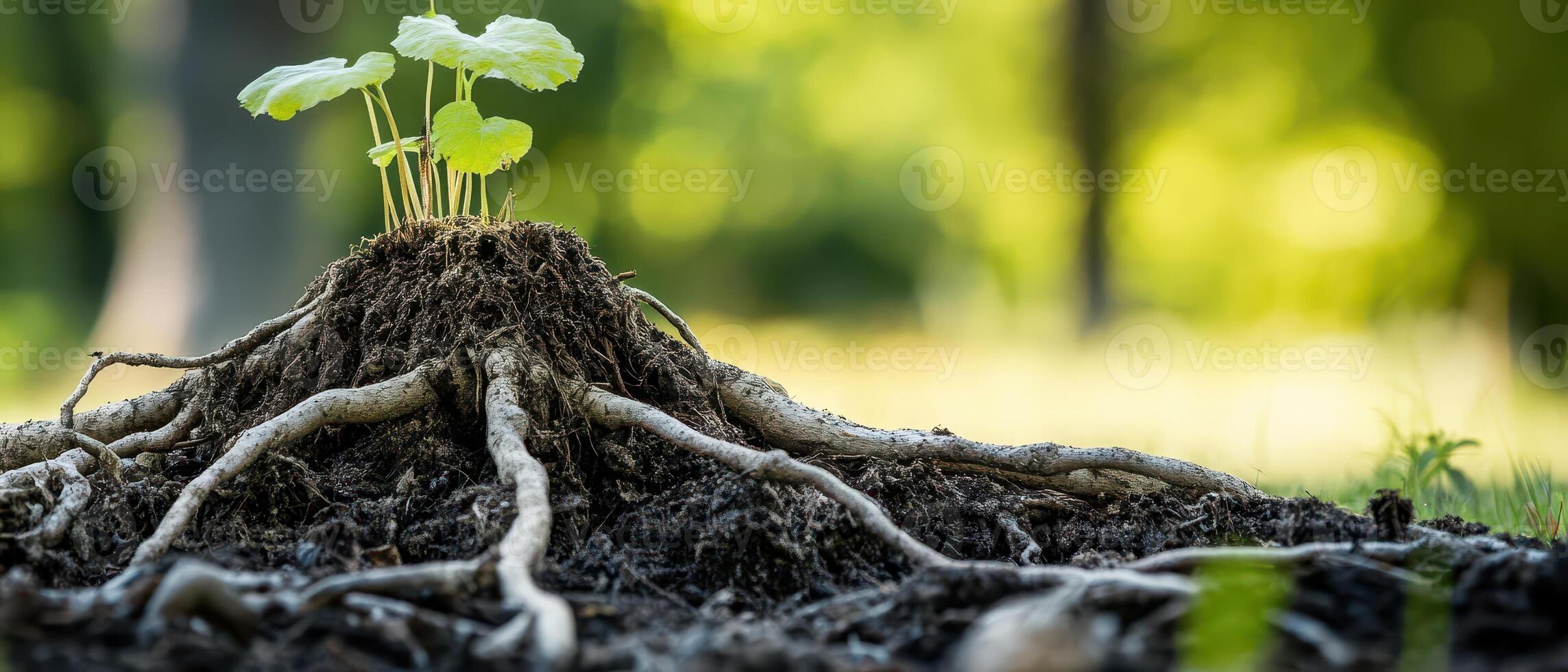 A tree with roots growing out of the ground photo