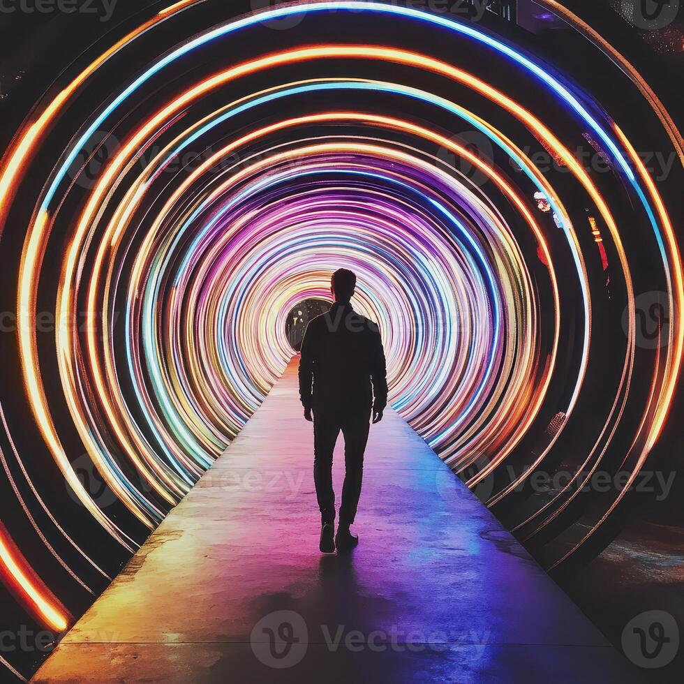 A man standing in front of a colorful tunnel photo