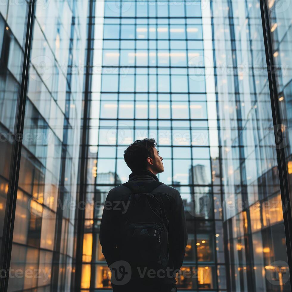 A man standing in front of a building with a backpack photo