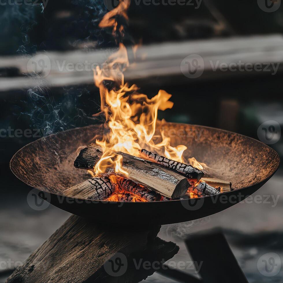 A fire pit with logs burning in it photo