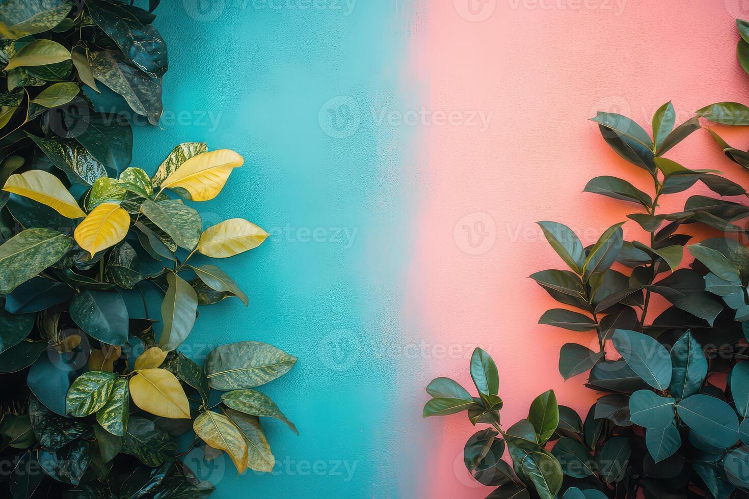 Two different colored walls with green plants photo
