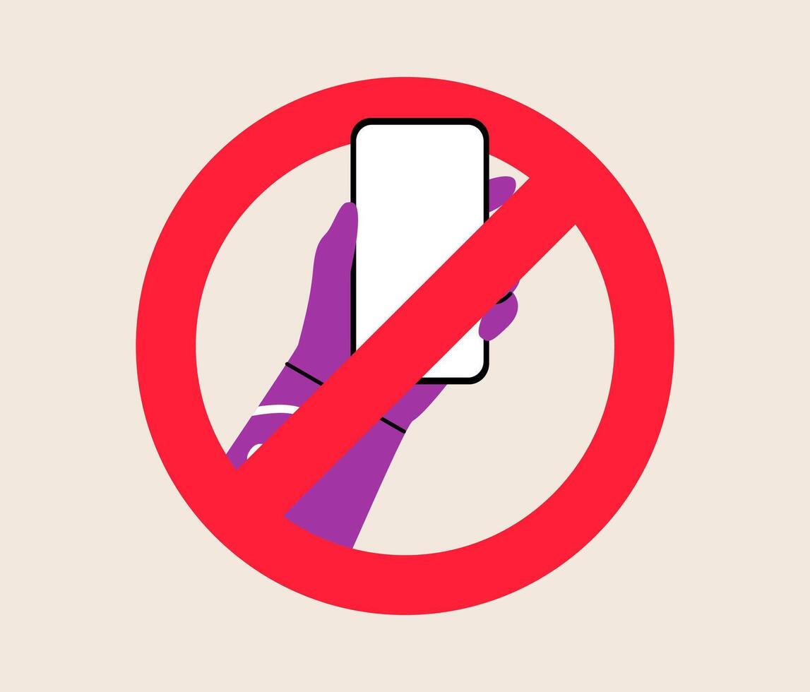 Prohibition to use a mobile phone. No phone. Digital detox. Colorful illustration vector