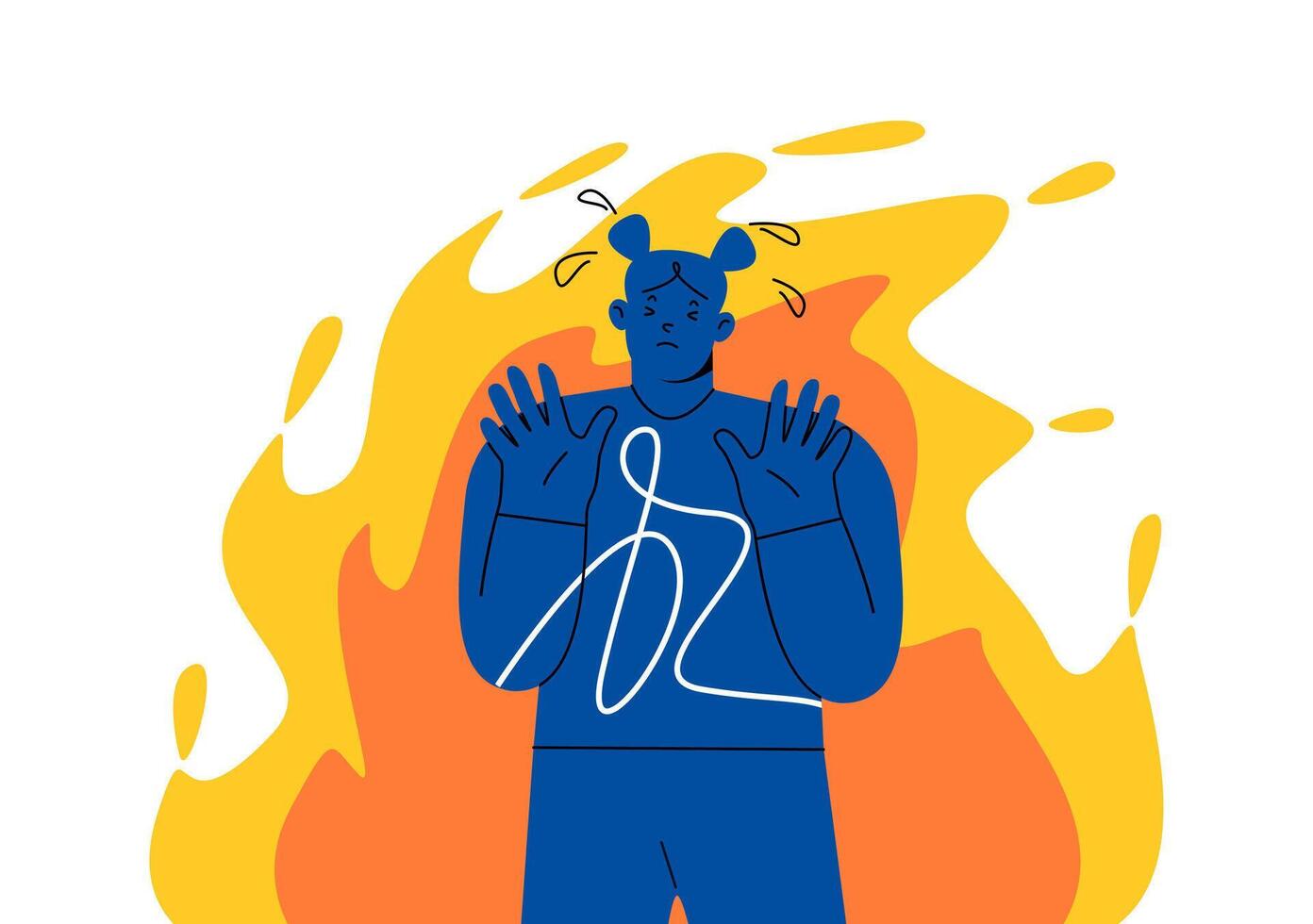 Stressed young woman having mental problems feeling scared afraid of fire. Panic stress and mental problems concept. Colorful illustration vector