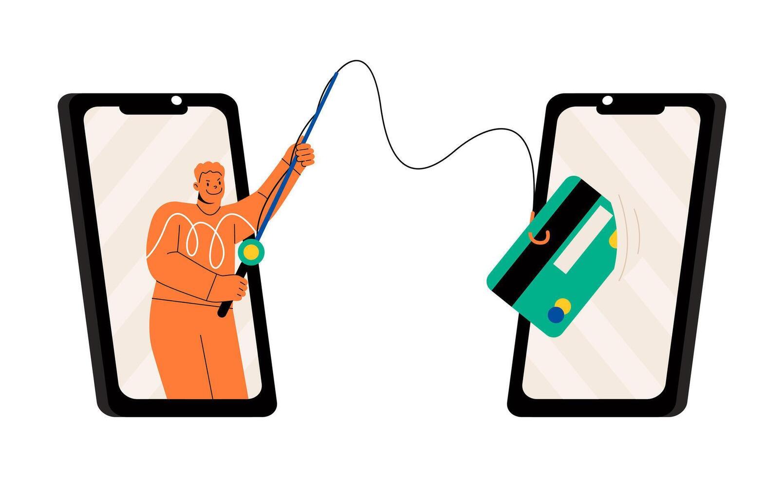Man steals credit card with fishing rod. Internet fraud and personal data security. Colorful illustration vector
