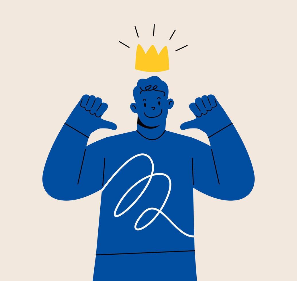 Young man pointing himself with both hands confident. Concept of positive self esteem. Colorful illustration vector