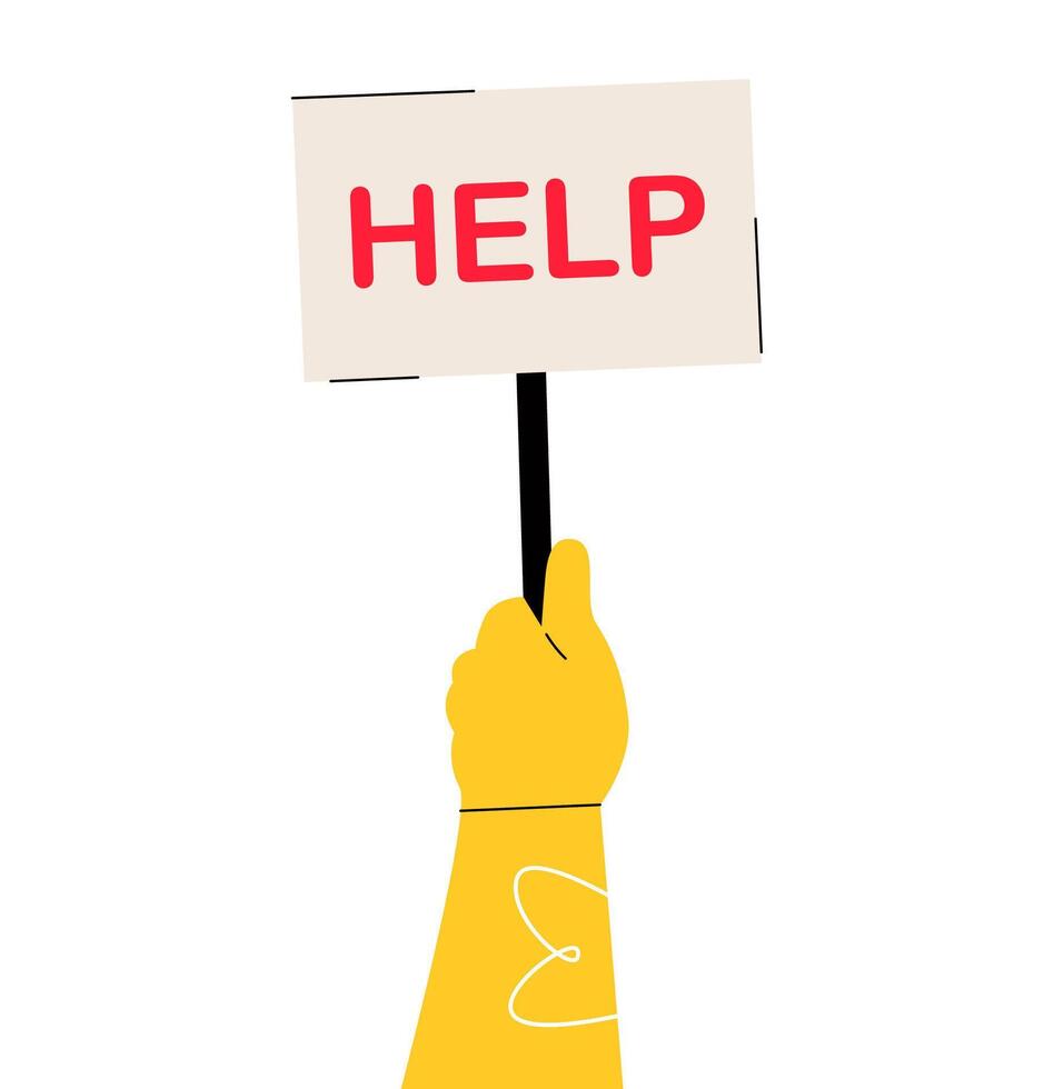 The hand holds a sign with the inscription. Colorful illustration vector