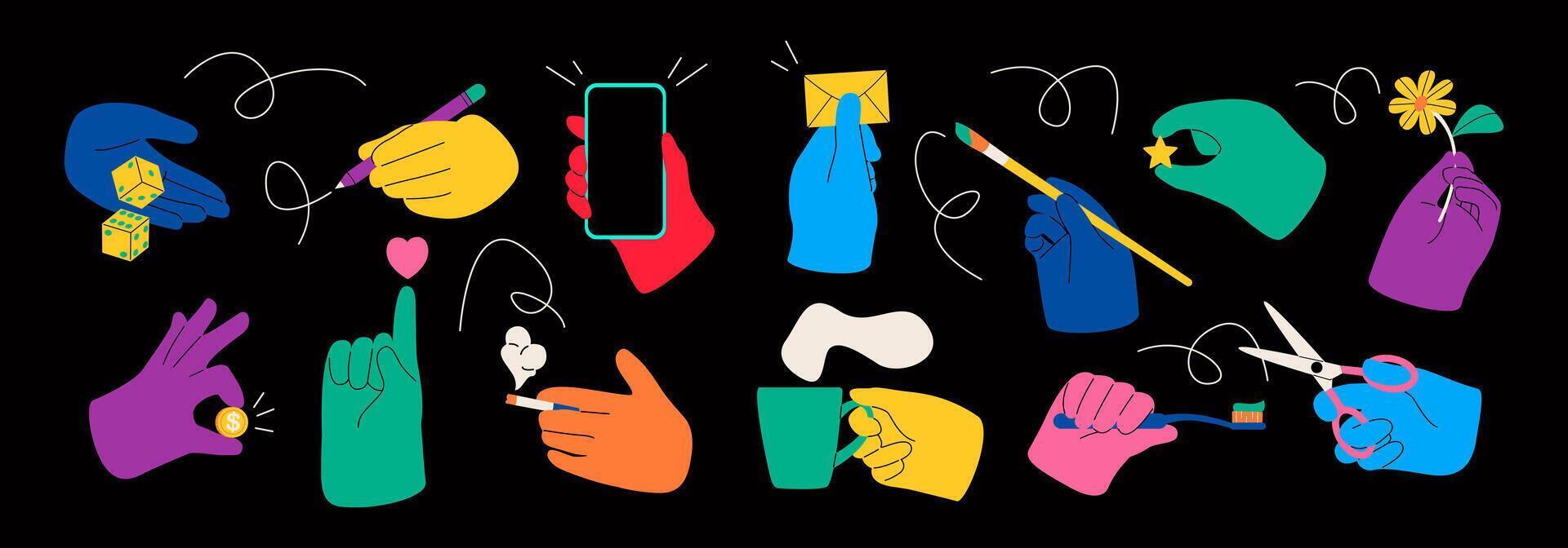Hands holding things. Colorful illustration vector