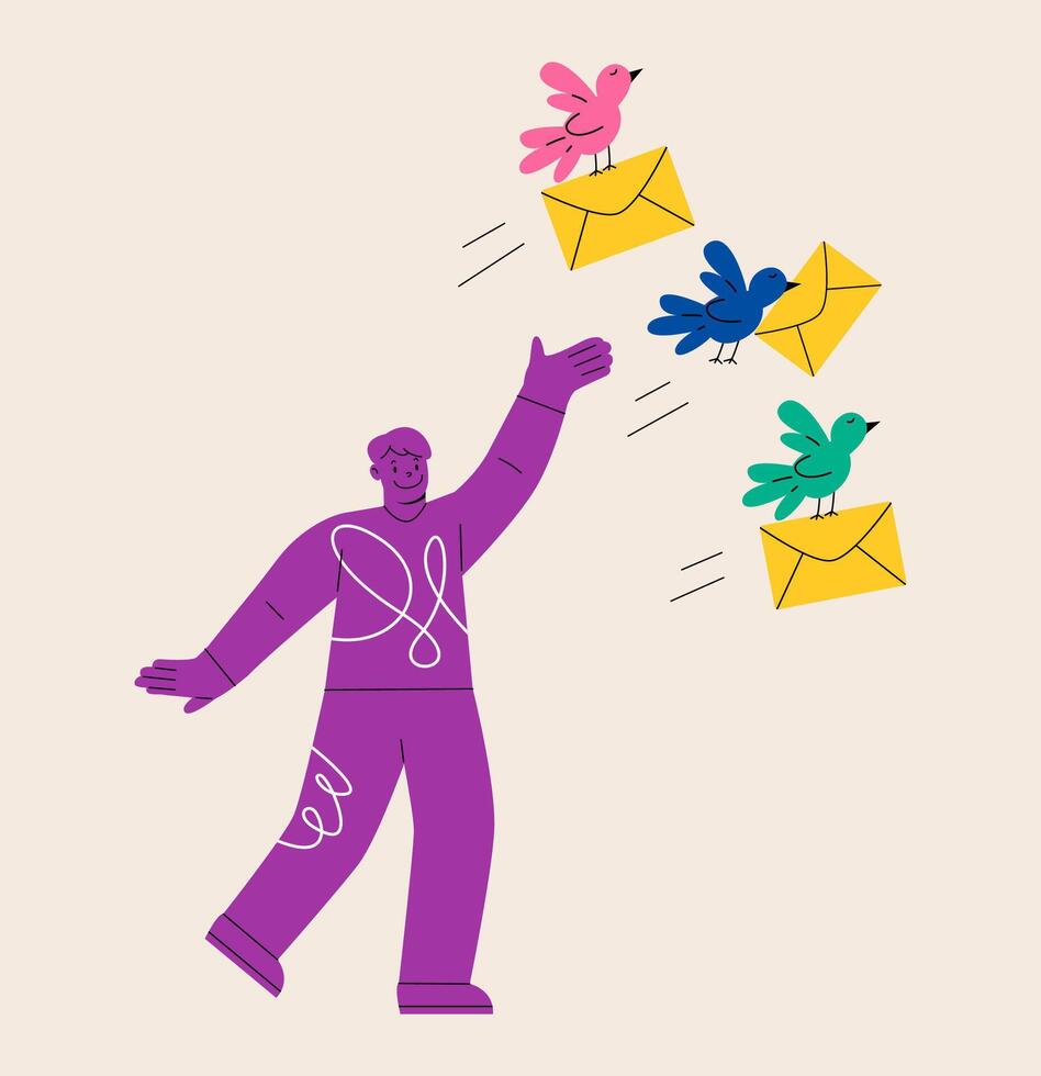 Young man sending a mail through a pigeon. Communication concept. Colorful illustration vector