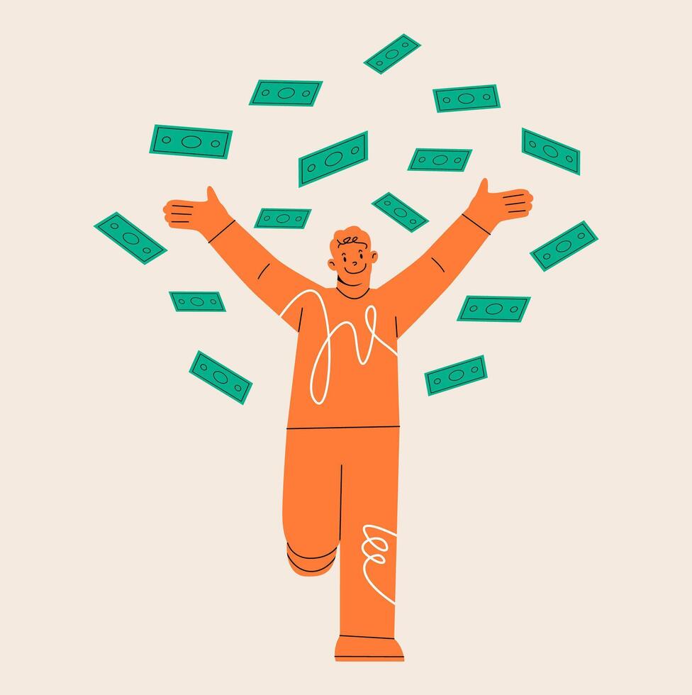 Happy man throwing money in the air. Achieved financial success. Colorful illustration vector