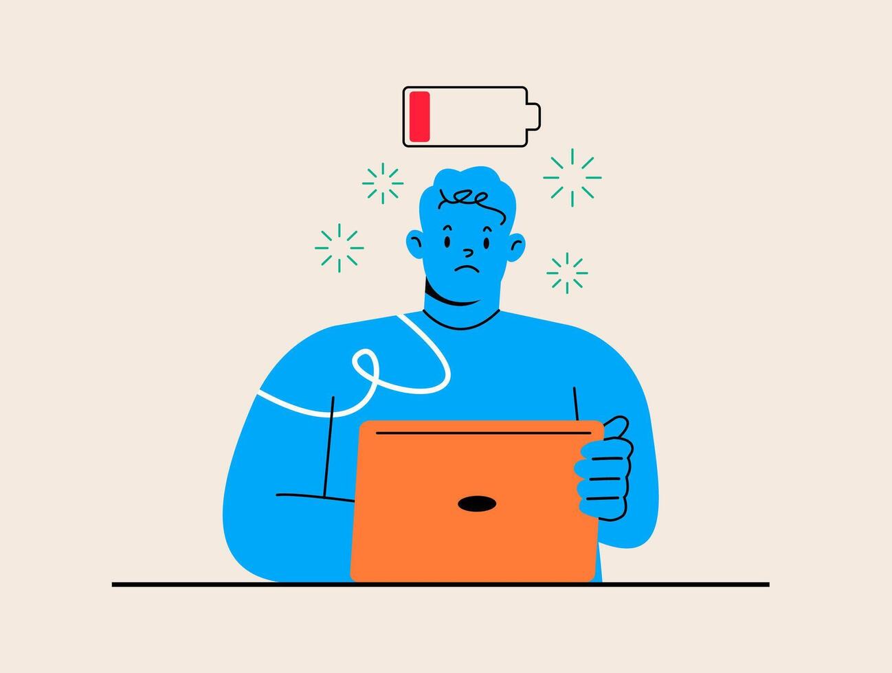 Male sitting at the table with low battery. Burnout concept. Colorful illustration vector