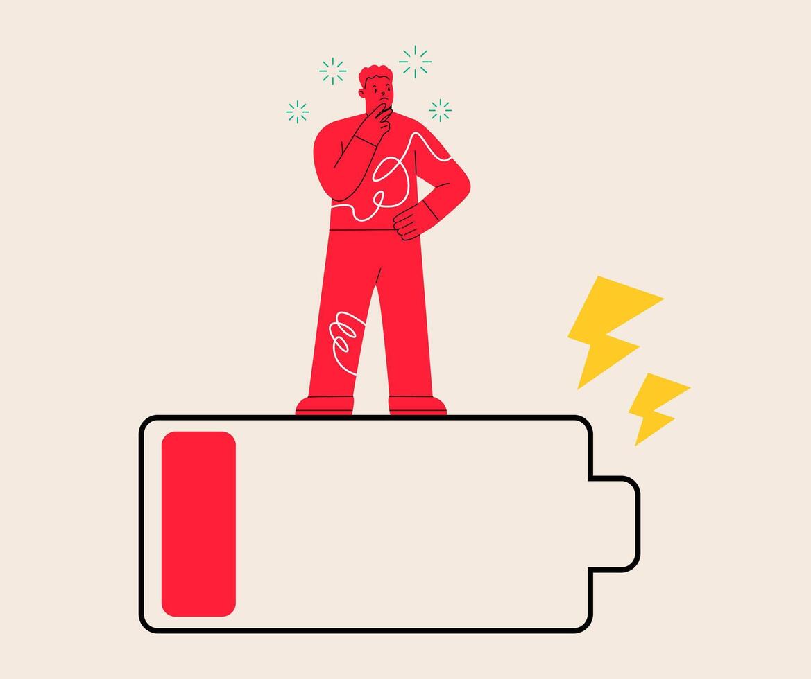 Man with low battery, Energy Level. Emotional burnout. Tired people. Colorful illustration vector
